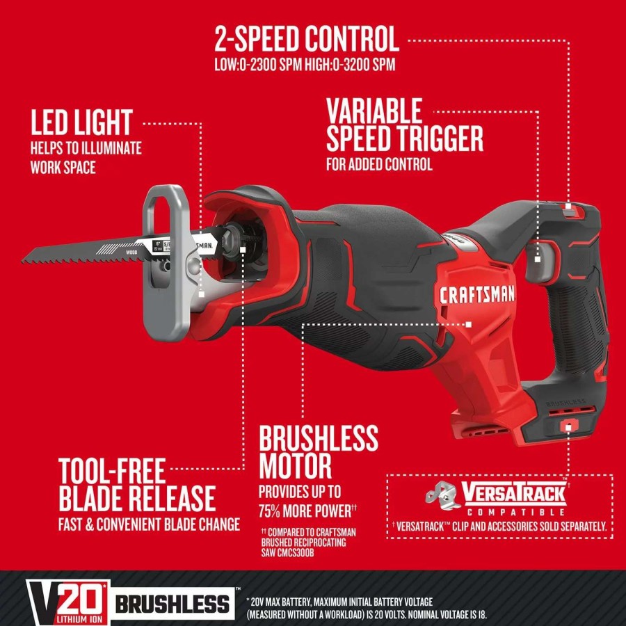 Power Tools * | Craftsman Reciprocating Saws V20 20-Volt Max Variable Speed Brushless Cordless Reciprocating Saw (Tool Only)