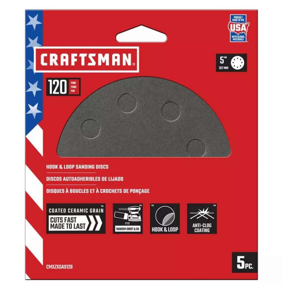 Power Tool Accessories * | Craftsman Power Tool Sandpaper 5 In 8H H/L Cer Disc 120 Grit 5Pk 5-Piece Ceramic Alumina 120-Grit Disc Sandpaper