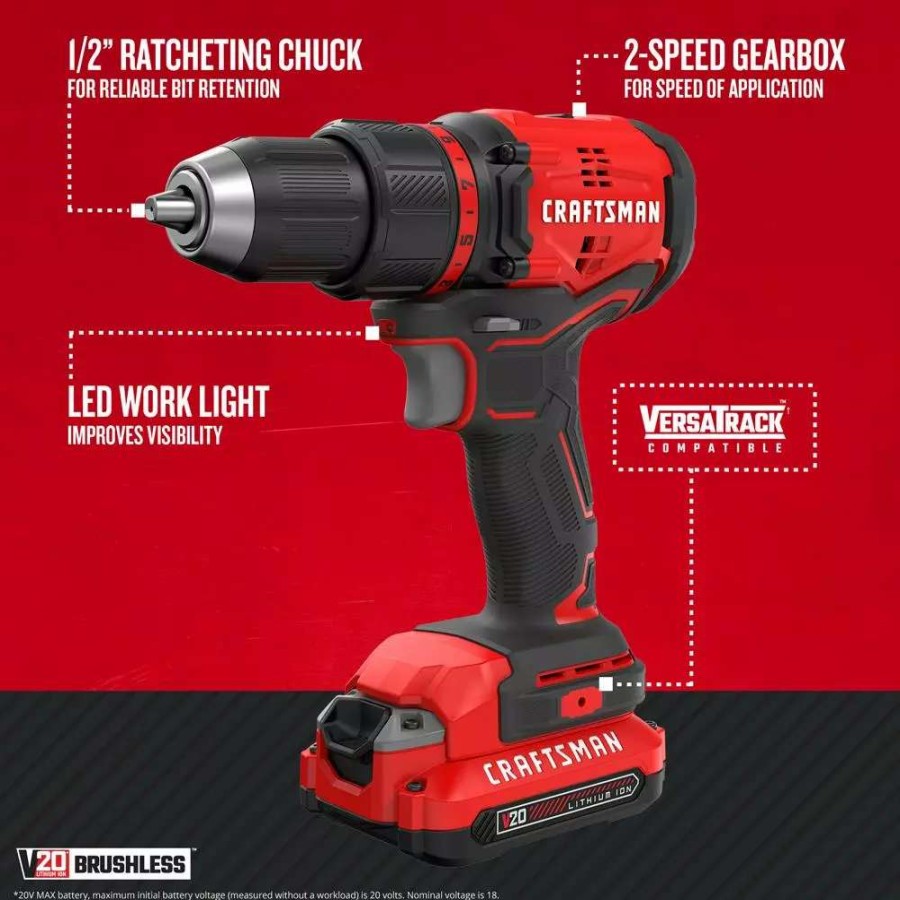 Power Tools * | Craftsman Drills V20 20-Volt Max 1/2-In Brushless Cordless Drill (1-Battery Included And Charger Included)