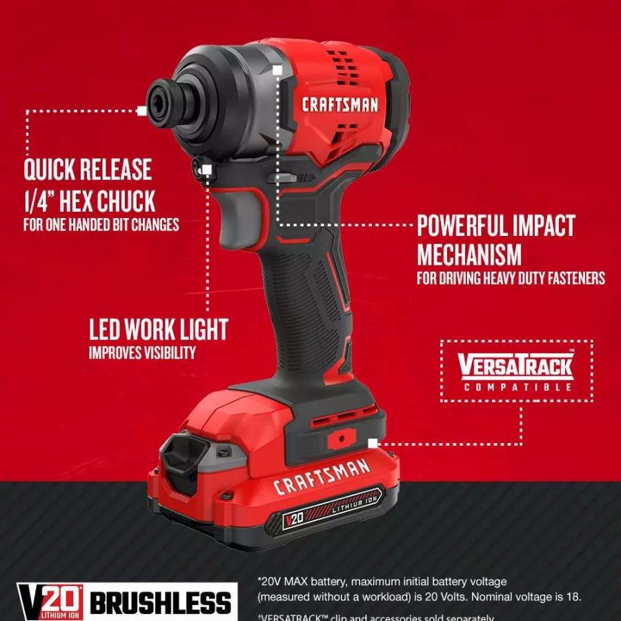 Power Tools * | Craftsman Impact Drivers V20 20-Volt Max Variable Speed Brushless Cordless Impact Driver (1-Battery Included)