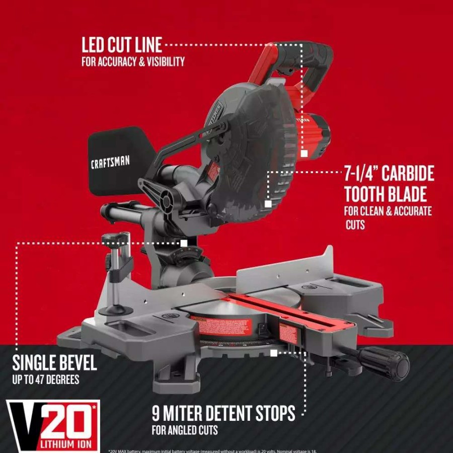 Power Tools * | Craftsman Miter Saws V20 7-1/4-In 20-Volt Max Single Bevel Sliding Compound Cordless Miter Saw