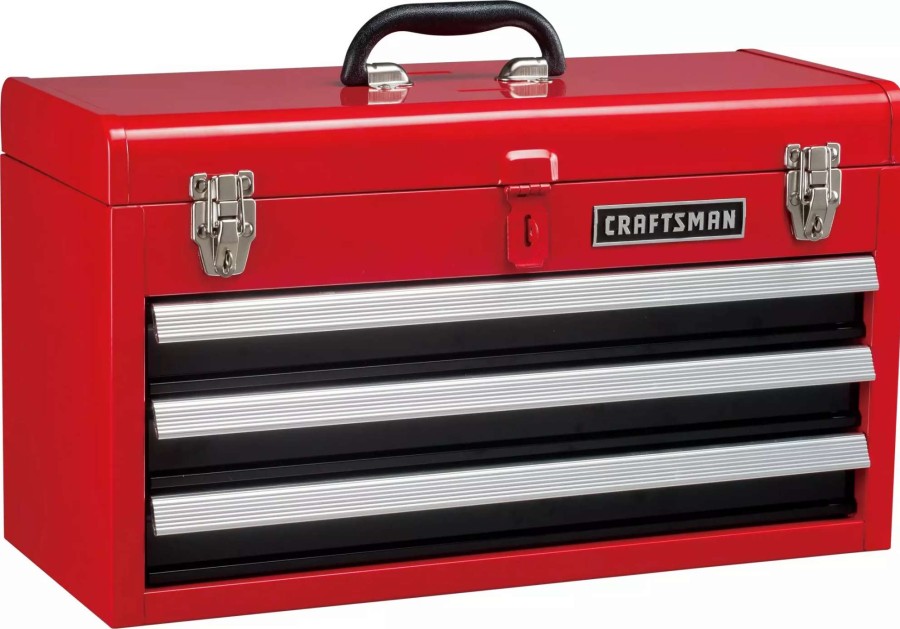 Tool Storage & Work Benches * | Craftsman Portable Tool Boxes Portable 20.5-In Ball-Bearing 3-Drawer Red Steel Lockable Tool Box