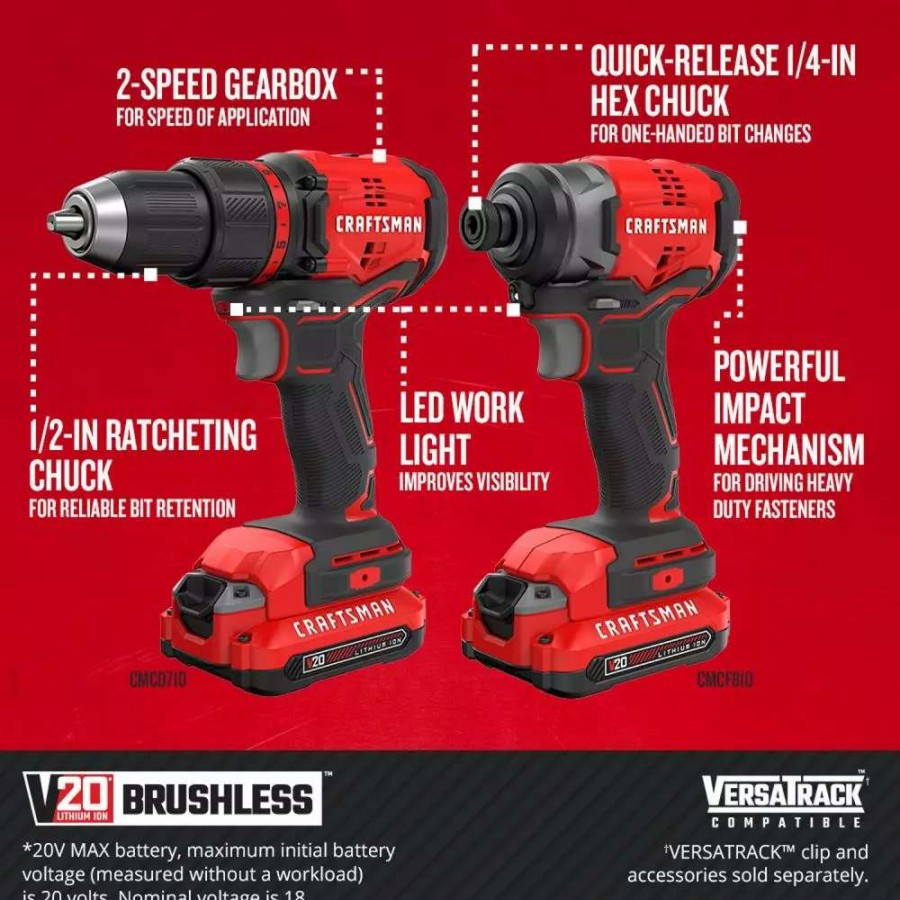 Power Tools * | Craftsman Power Tool Combo Kits V20 2-Tool 20-Volt Max Brushless Power Tool Combo Kit With Soft Case (2-Batteries Included And Charger Included)