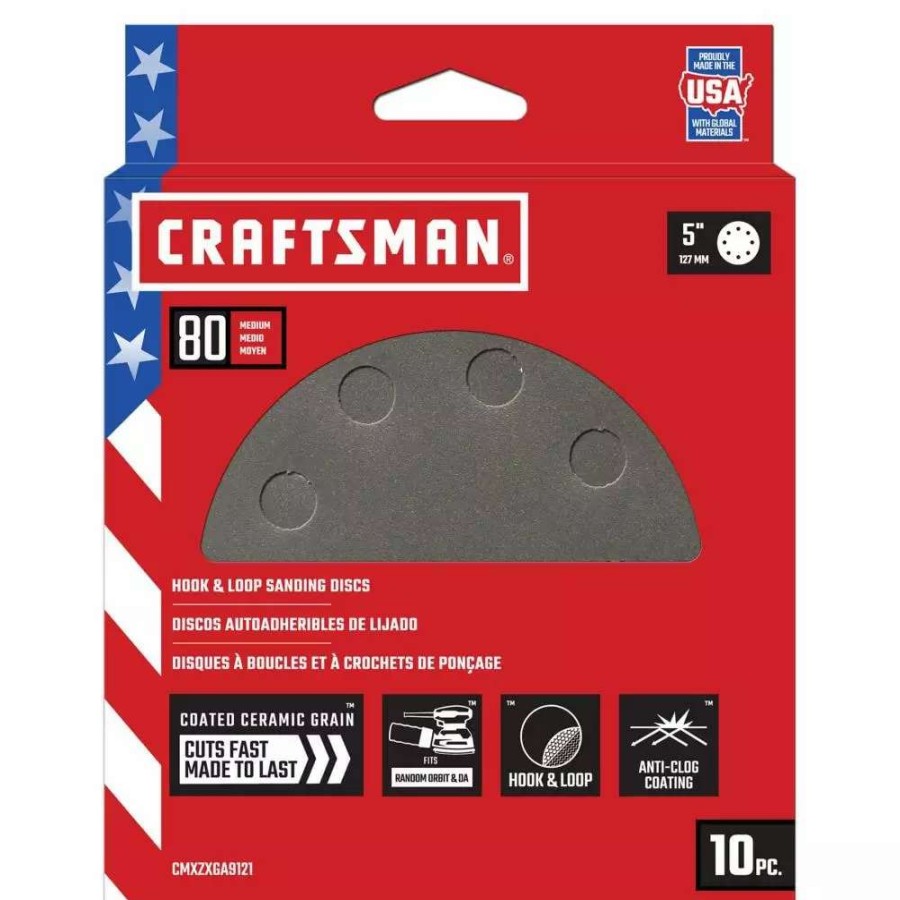 Power Tool Accessories * | Craftsman Power Tool Sandpaper 5 In 8H H/L Cer Disc 80 Grit 10Pk 10-Piece Ceramic Alumina 80-Grit Disc Sandpaper