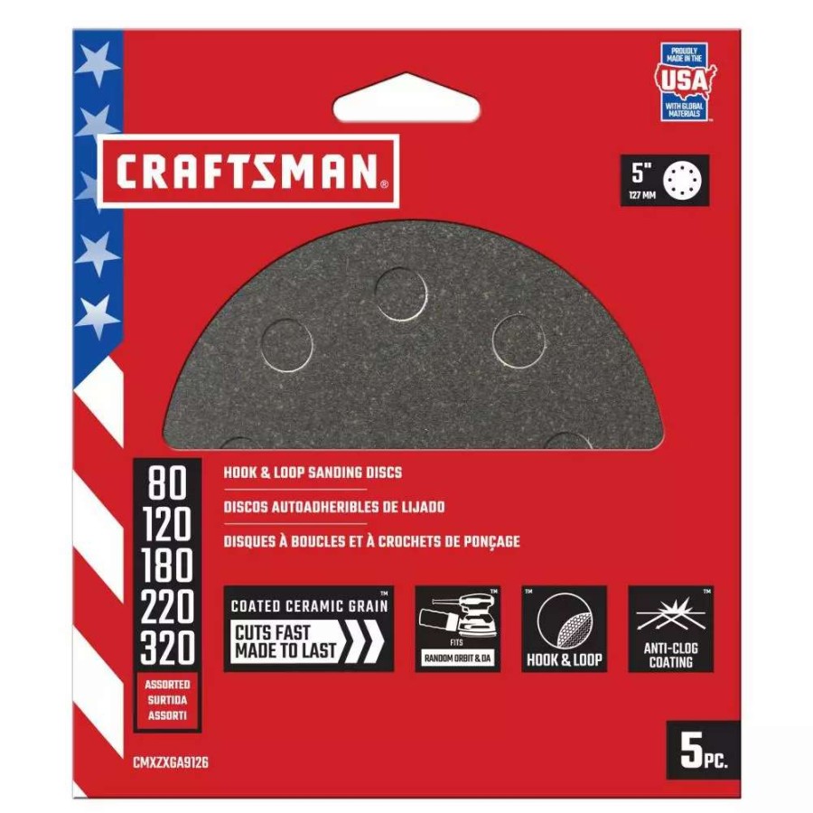 Power Tool Accessories * | Craftsman Power Tool Sandpaper 5 In 8H H/L Cer Disc Asst Grt 5Pk 5-Piece Ceramic Alumina Multi-Grade Pack Disc Sandpaper