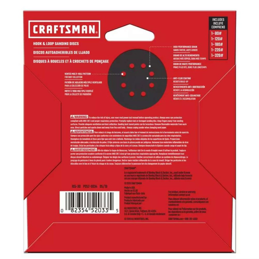 Power Tool Accessories * | Craftsman Power Tool Sandpaper 5 In 8H H/L Cer Disc Asst Grt 5Pk 5-Piece Ceramic Alumina Multi-Grade Pack Disc Sandpaper