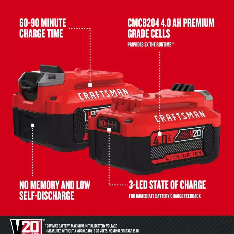 Power Tool Accessories * | Craftsman Power Tool Batteries & Chargers V20 20-Volt Max 2-Pack 4 Amp-Hour; 4 Amp-Hour Lithium Power Tool Battery