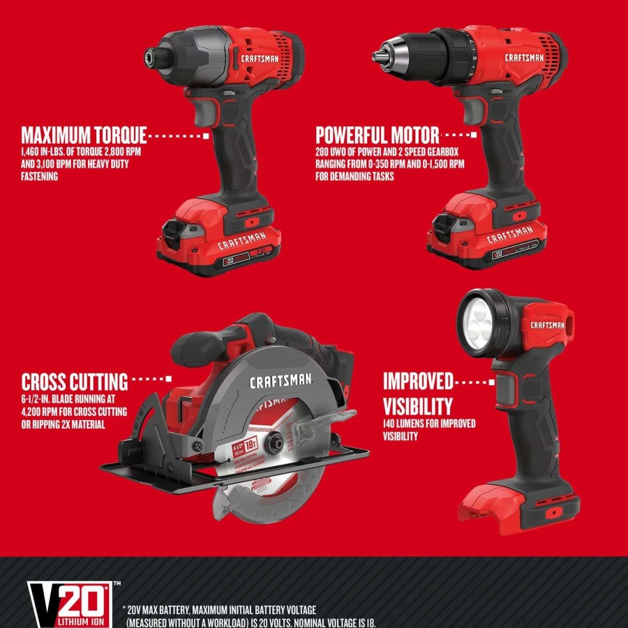 Power Tools * | Craftsman Power Tool Combo Kits V20 4-Tool 20-Volt Max Power Tool Combo Kit Case (2-Batteries Included And Charger Included)