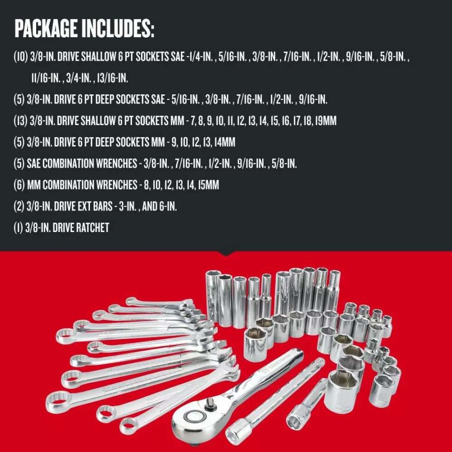 Hand Tools * | Craftsman Mechanics Tool Sets 47-Piece Standard (Sae) And Metric Combination Polished Chrome Mechanics Tool Set (3/8-In)