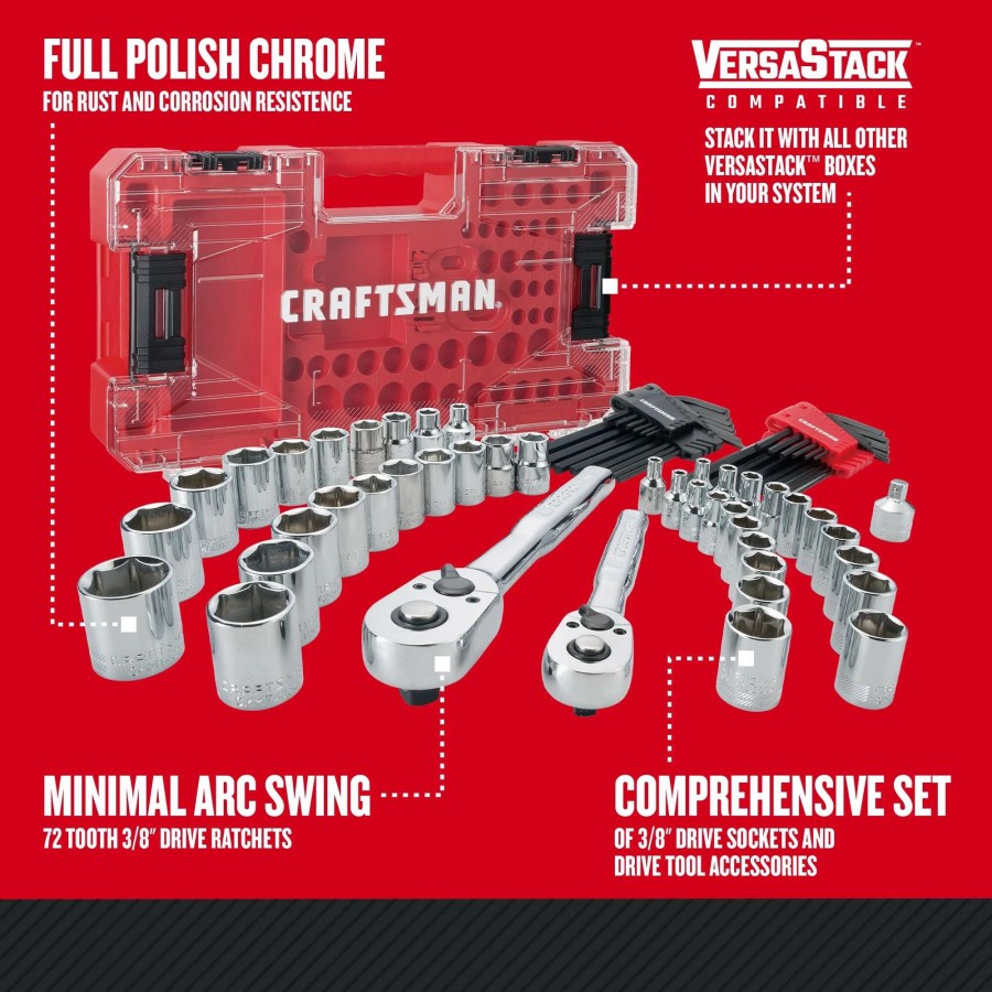 Hand Tools * | Craftsman Mechanics Tool Sets Versastack 71-Piece Standard (Sae) And Metric Combination Polished Chrome Mechanics Tool Set (1/4-In; 3/8-In;)