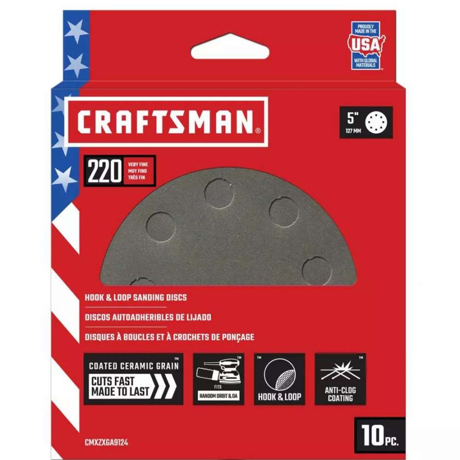 Power Tool Accessories * | Craftsman Power Tool Sandpaper 5 In 8H H/L Cer Disc 220 Grt 10Pk 10-Piece Ceramic Alumina 220-Grit Disc Sandpaper