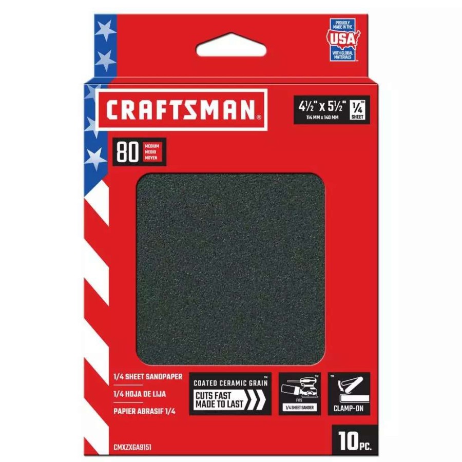 Power Tool Accessories * | Craftsman Power Tool Sandpaper Ceramic 1/4 Sheet 80 Grit 10Pk 10-Piece Ceramic Alumina 80-Grit Sheet Sandpaper