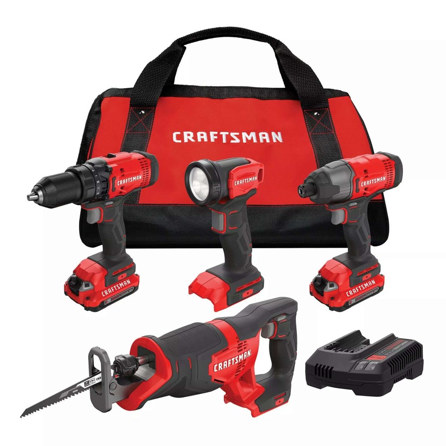 Power Tools * | Craftsman Power Tool Combo Kits V20 4-Tool 20-Volt Max Power Tool Combo Kit With Soft Case (2-Batteries Included And Charger Included)