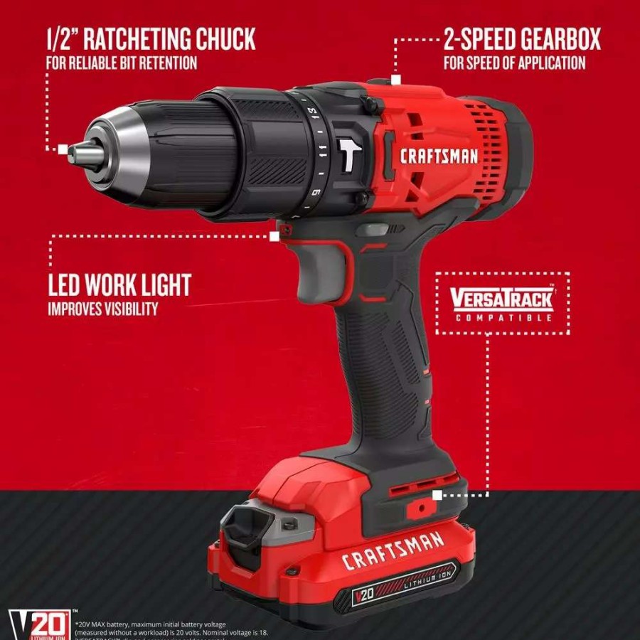 Power Tools * | Craftsman Hammer Drills V20 1/2-In 20-Volt Max Variable Speed Cordless Hammer Drill (2-Batteries Included)