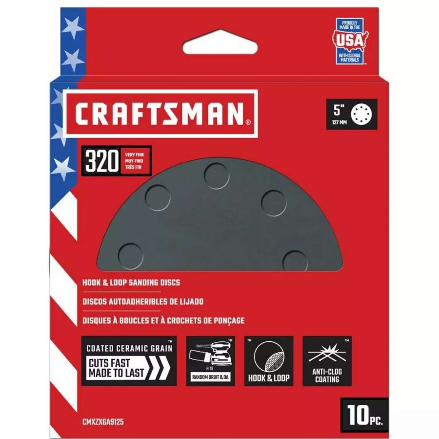 Power Tool Accessories * | Craftsman Power Tool Sandpaper 5 In 8H H/L Cer Disc 320 Grt 10Pk 10-Piece Ceramic Alumina 320-Grit Disc Sandpaper