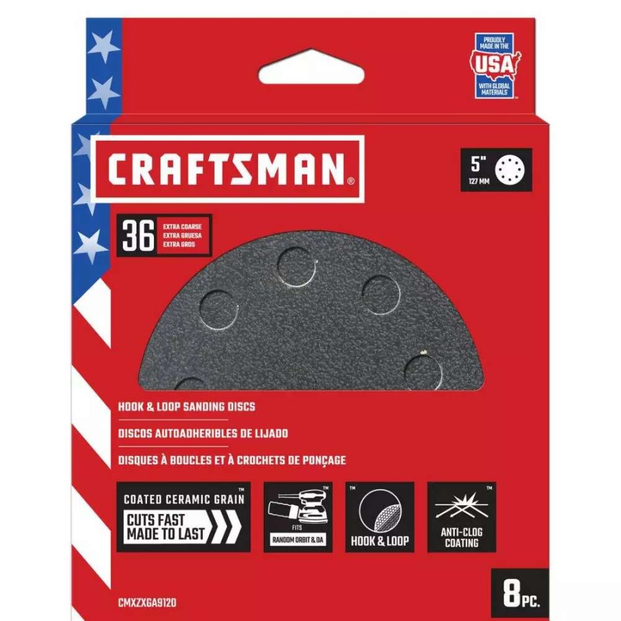 Power Tool Accessories * | Craftsman Power Tool Sandpaper 5 In 8H H/L Cer Disc 36 Grit 8Pk 8-Piece Ceramic Alumina 36-Grit Disc Sandpaper