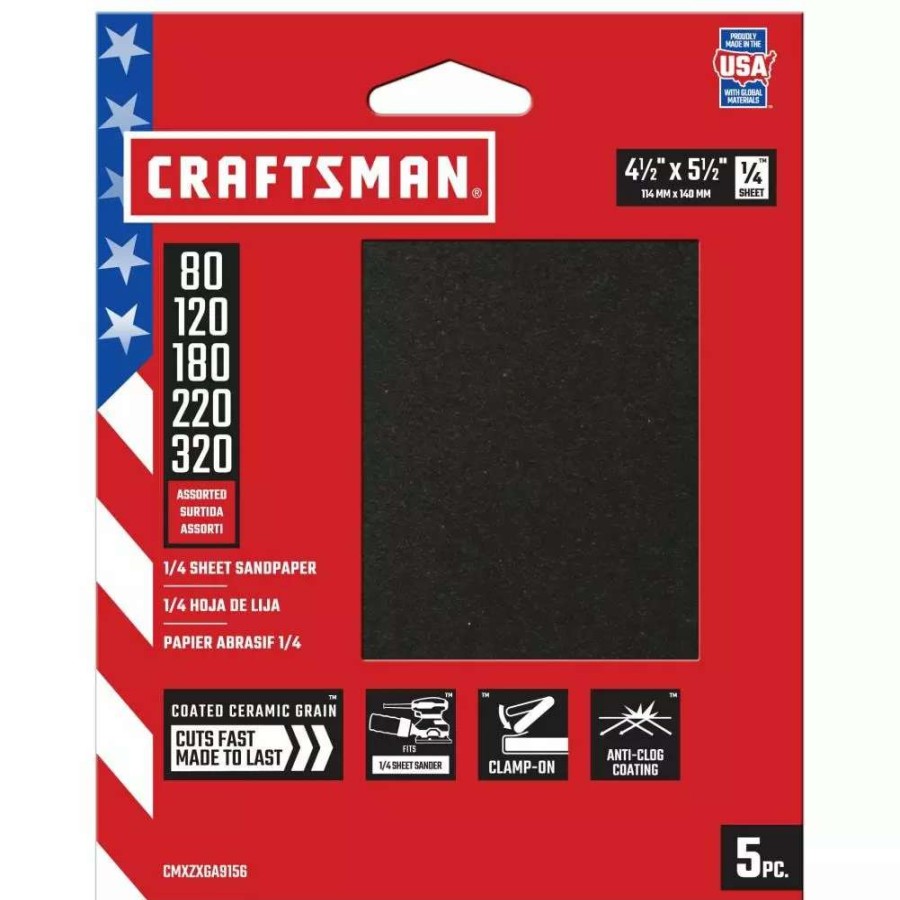 Power Tool Accessories * | Craftsman Power Tool Sandpaper Ceramic 1/4 Sheet Asst Grit 5Pk 5-Piece Ceramic Alumina Multi-Grade Pack Sheet Sandpaper