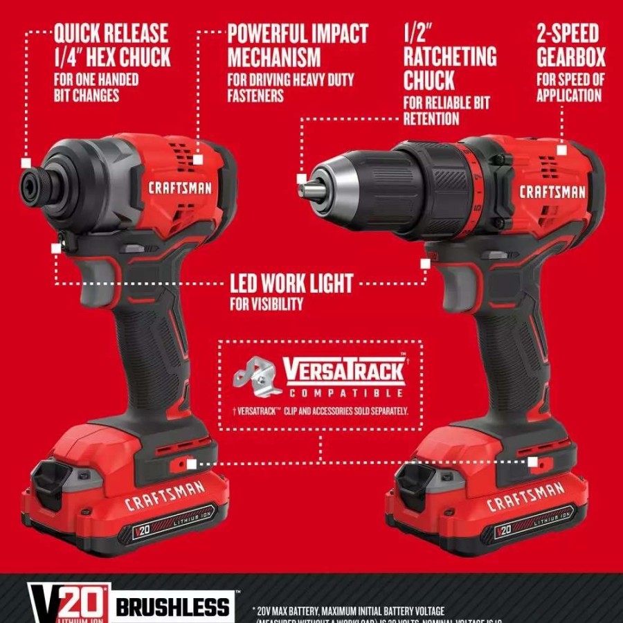 Power Tools * | Craftsman Power Tool Combo Kits V20 4-Tool 20-Volt Max Brushless Power Tool Combo Kit With Soft Case (2-Batteries Included And Charger Included)