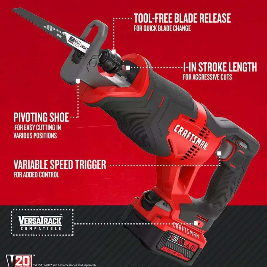 Power Tools * | Craftsman Reciprocating Saws V20 20-Volt Max Variable Speed Cordless Reciprocating Saw (Charger Included And Battery Included)